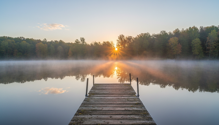 Wide-angle view of a calm northern Indiana lake at sunrise.
