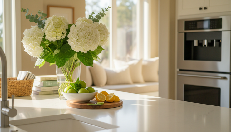 Close-up view of a kitchen counter with fresh flowers and a neatly prepared home showing area.