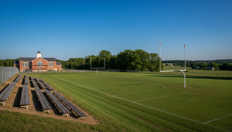 Wide-angle view of a school athletic field near Fremont Indiana.