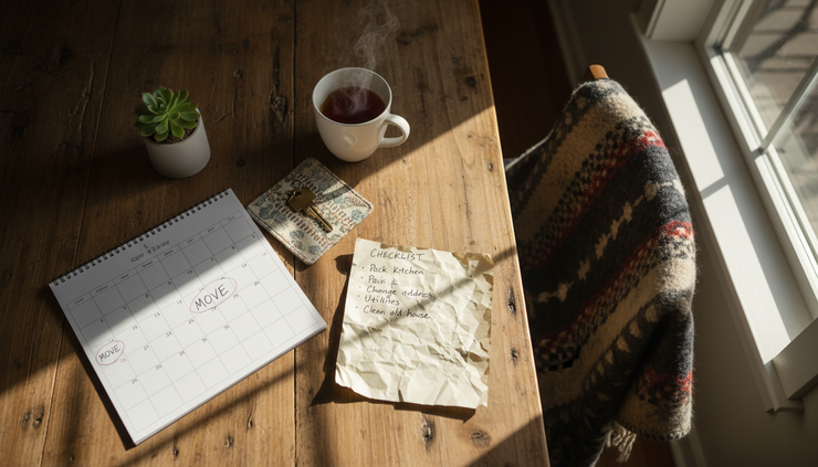 Overhead view of a calendar, house key, and handwritten moving checklist on a dining table