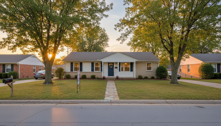 Wide-angle view of a single-family home with a for-sale sign near the front walkway.