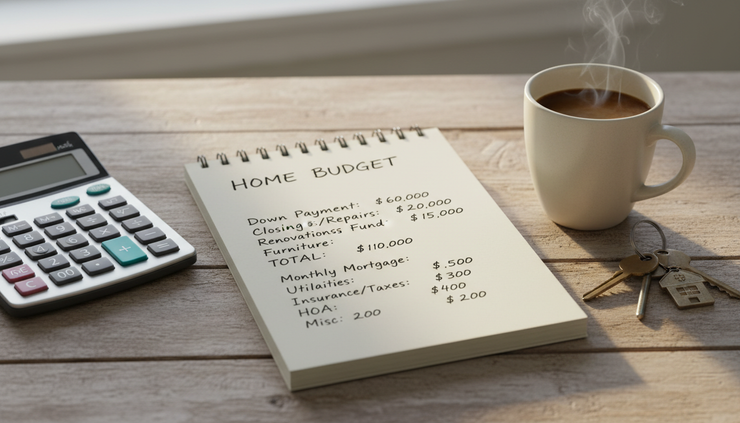 Close-up of a handwritten home buying budget on a kitchen table with a calculator and coffee mug