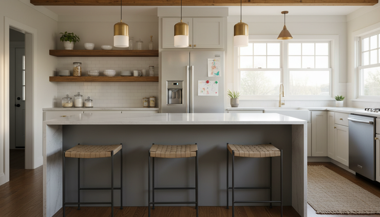 Eye-level view of a kitchen island with pendant lights and open seating