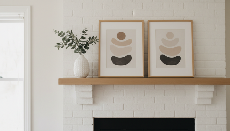Close-up of a simple fireplace mantel styled with greenery and a few neutral decor pieces