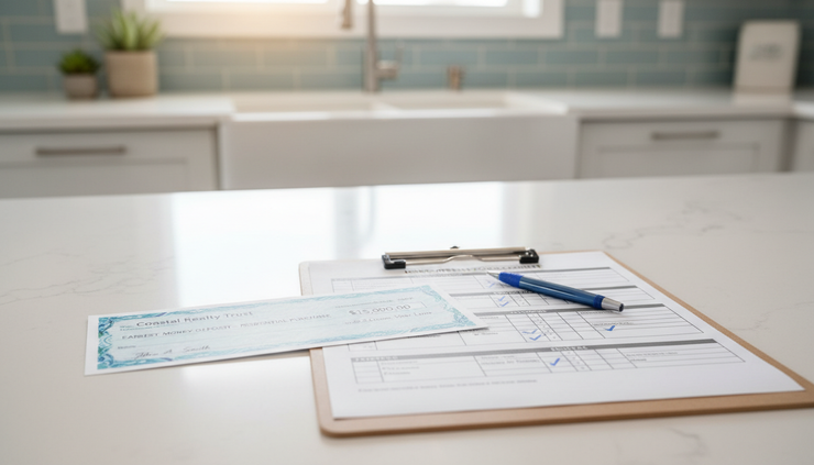 Close-up view of a cashier’s check placed beside a home inspection checklist.