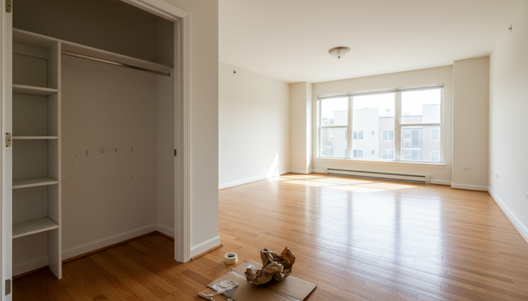 Eye-level view of an empty living room after boxes have been moved out.