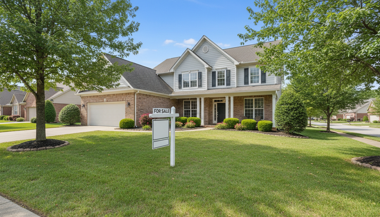 Wide-angle view of a quiet suburban home with a for-sale sign in the front yard