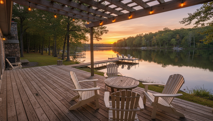 Wide-angle view of a lake home deck facing calm water at sunset in Steuben County