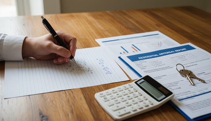 Close-up view of a hand writing numbers beside a home appraisal report.