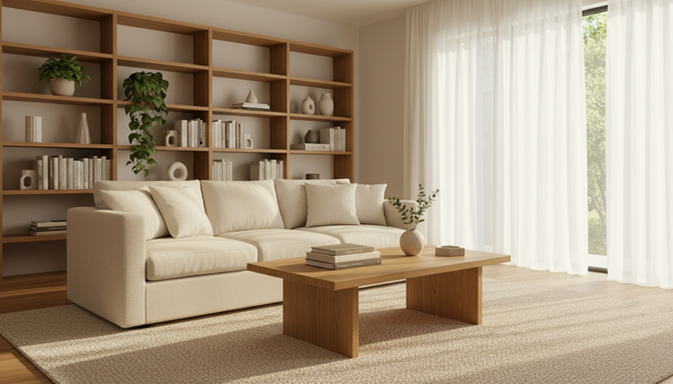 Eye-level view of a bright living room with simple furniture and clear walking paths.