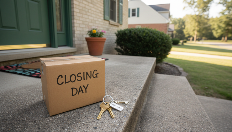 Overhead view of a small moving box beside house keys on a front step.