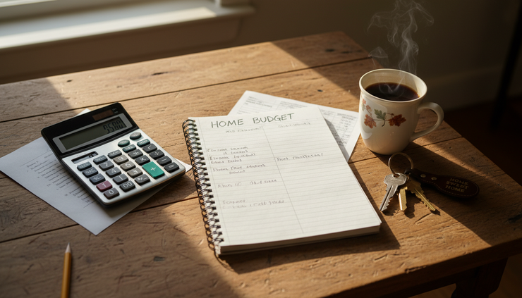 Overhead view of a kitchen table with house keys, a notebook, and a calculator