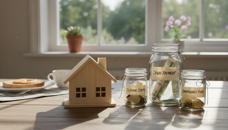 Eye-level view of a small house model beside labeled savings jars