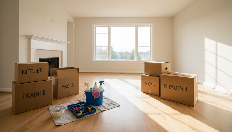 Overhead view of moving boxes and cleaning supplies in an empty living room