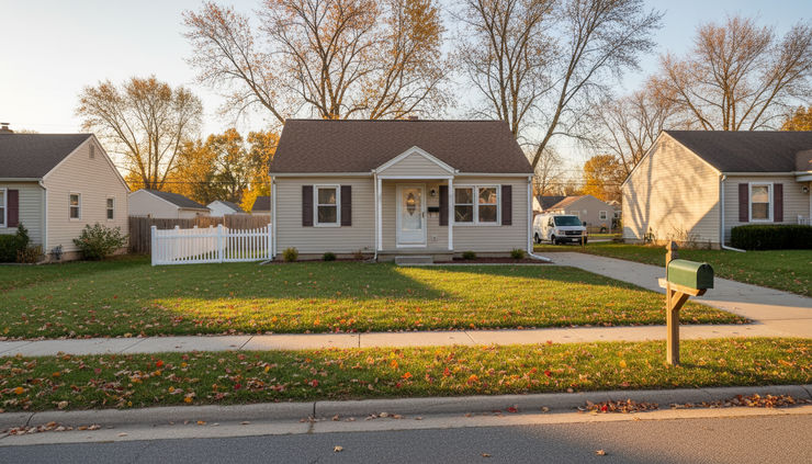 Wide-angle view of a small suburban home with a mailbox and autumn leaves