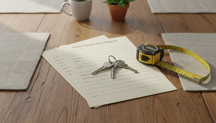 Overhead view of house keys, inspection report pages, and a tape measure on a wooden table