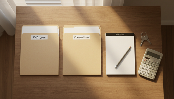 Overhead view of two labeled folders for FHA and conventional loans beside a notepad