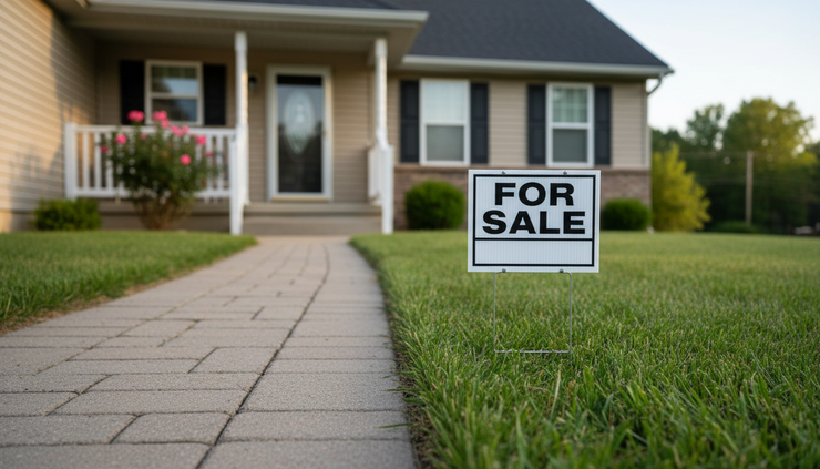 Close-up of a front porch with a small for-sale sign near the walkway.