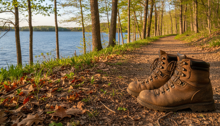 Close-up view of hiking boots on a wooded trail near a lake shoreline