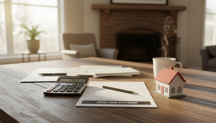Wide-angle view of a kitchen table with a mortgage statement, calculator, pencil, and small model house.
