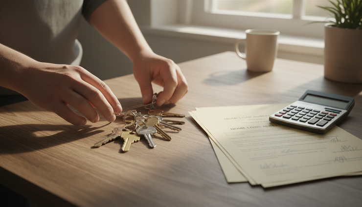 Close-up view of hands sorting house keys and paperwork on a kitchen table.