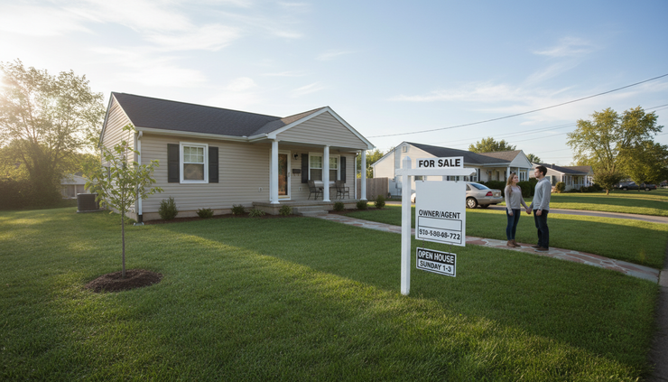 Wide-angle view of a small single-family home with a front walkway and a simple for sale sign.