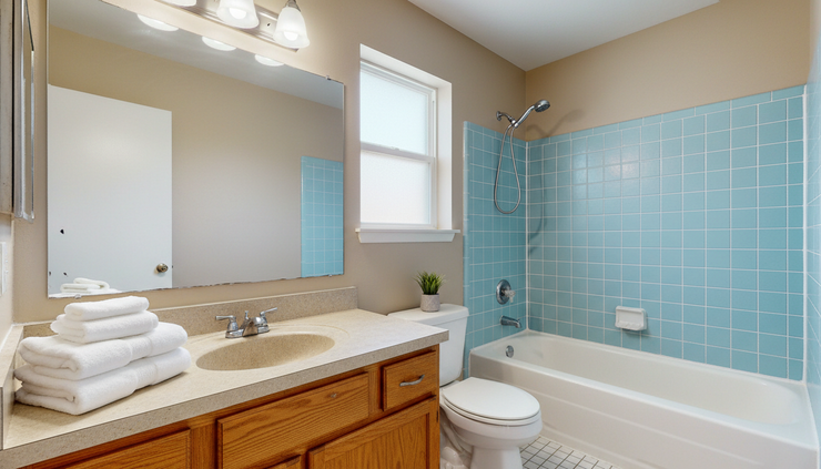 Eye-level view of a dated bathroom with clean towels, fresh caulk, and updated lighting.
