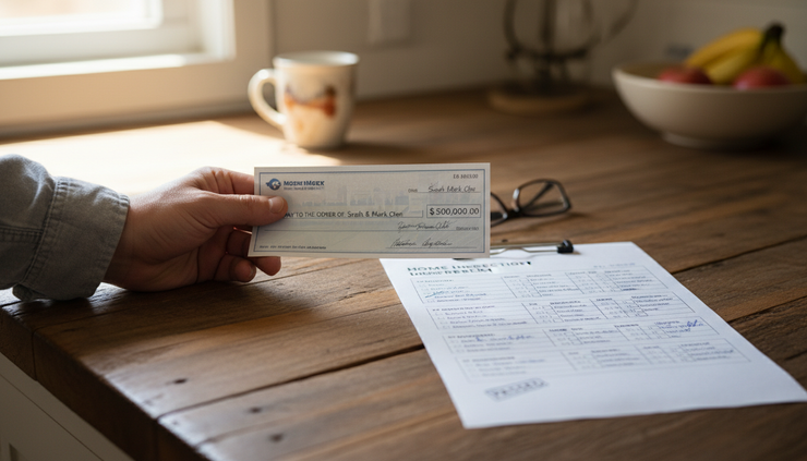 Close-up view of a hand holding a cashier’s check near a home inspection checklist