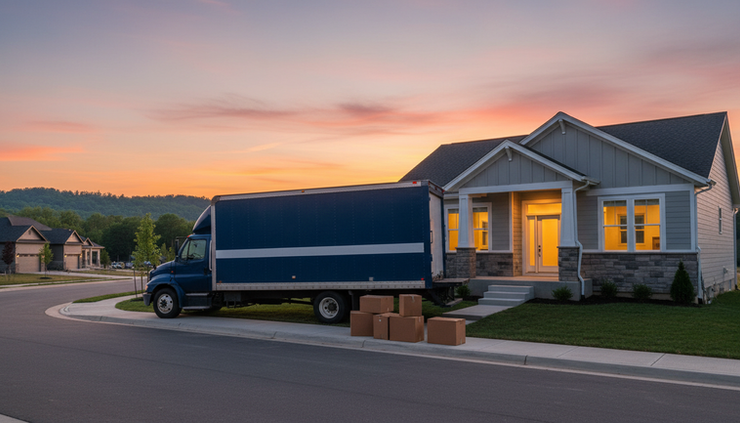 Wide-angle view of a moving truck parked beside a new home at sunset.