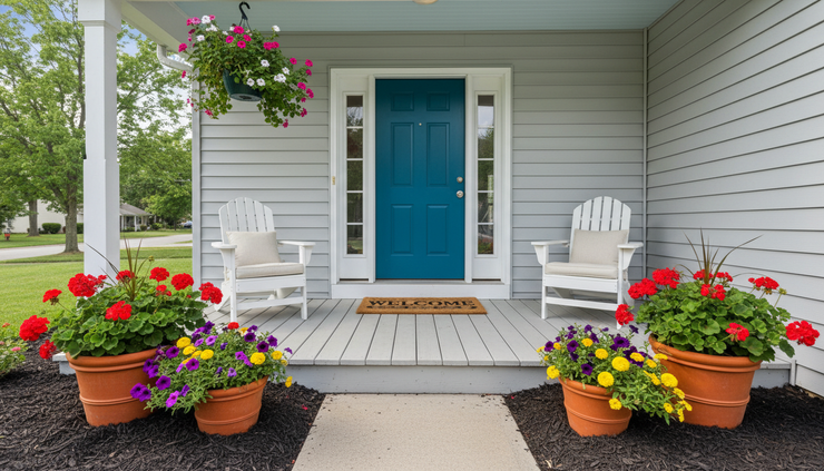 Wide-angle view of a tidy front porch with fresh mulch and flowers.
