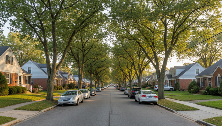 Wide-angle view of a quiet residential street with trees and single-family homes