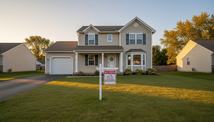 Eye-level view of a modest single-family home with a sale pending sign in the front yard.