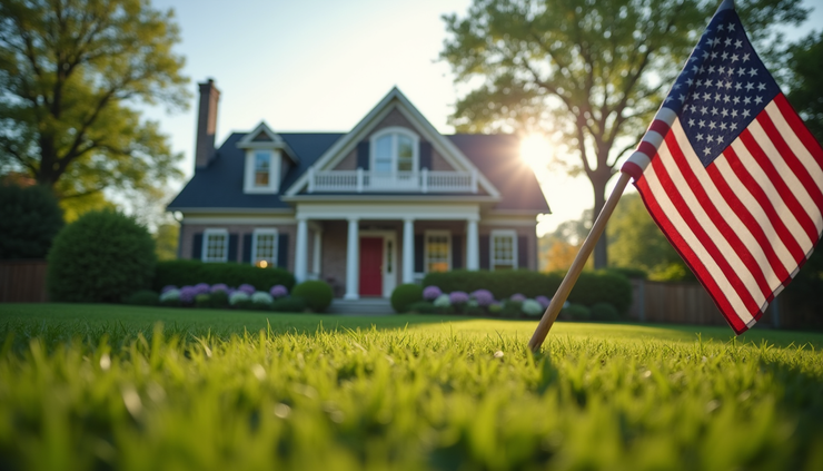 Eye-level view of a suburban home with an American flag in front yard