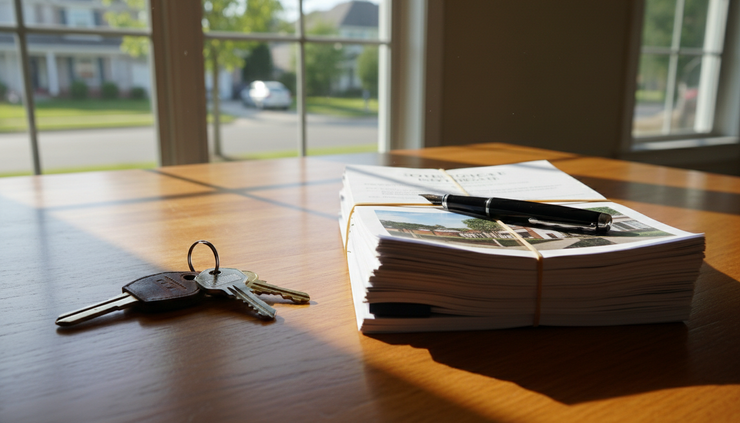 Eye-level view of house keys beside signed paperwork on a wooden kitchen table.