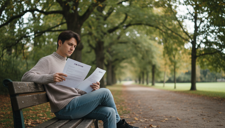 Wide-angle view of a person sitting on a park bench reviewing printed papers.