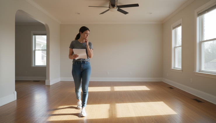 Eye-level view of a person in casual clothing walking through a bright empty living room with a checklist.