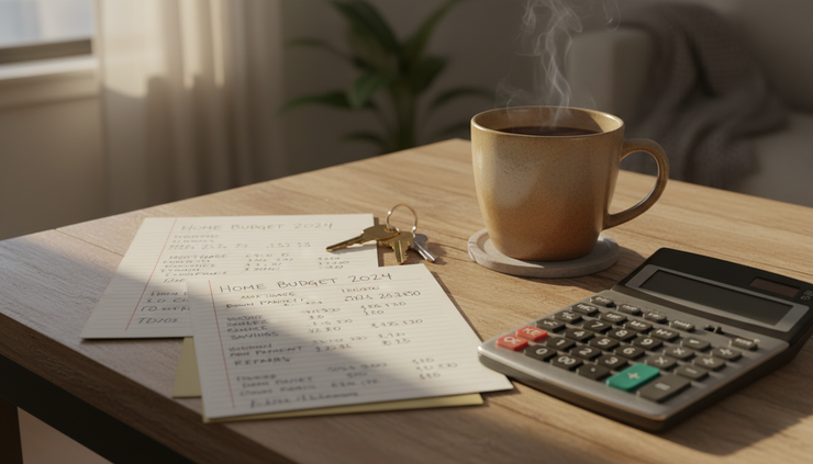 Close-up view of a kitchen table with handwritten budget notes, a calculator, and house keys