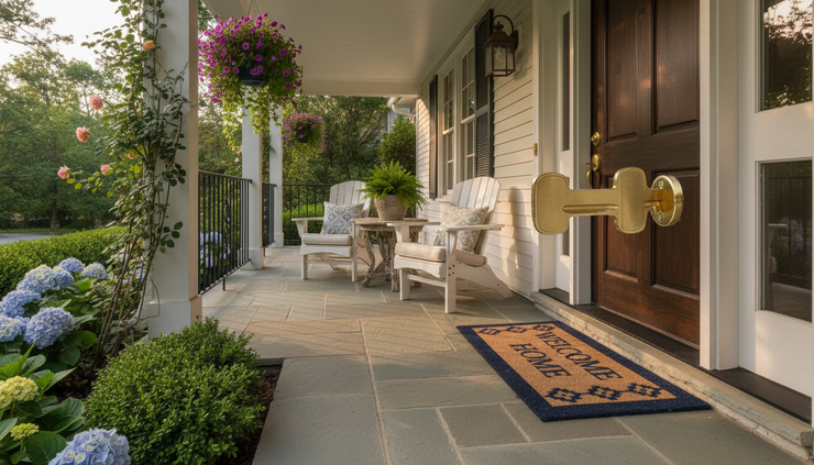 Wide-angle view of a front porch with a new doormat and house keys in the door