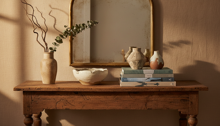 Close-up of a vintage wood console with pottery, books, and an aged mirror.