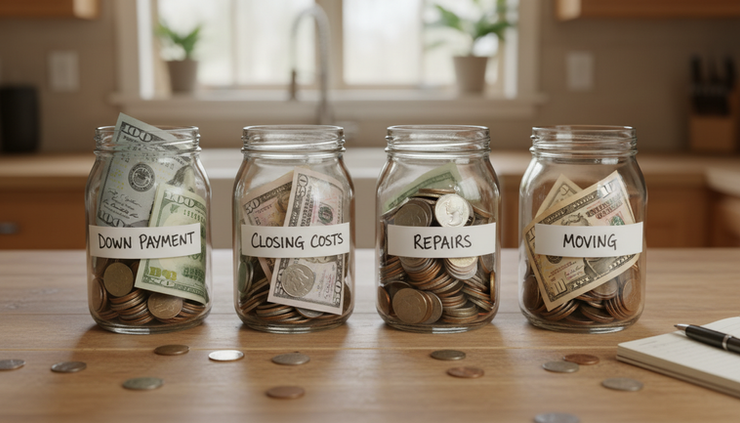 Overhead view of labeled savings jars for a future home purchase