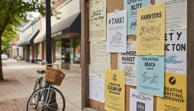 Close-up view of a community bulletin board with local event flyers and a bicycle parked nearby.