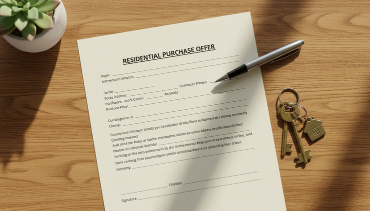 Overhead view of a signed home purchase offer beside house keys.