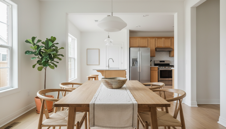 Eye-level view of a staged dining area with a simple table setting and open walkway.