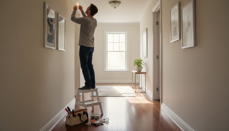 Eye-level view of a homeowner replacing a light bulb in a hallway fixture