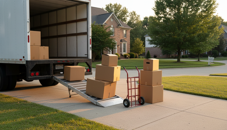 Eye-level view of a moving truck parked beside a home driveway