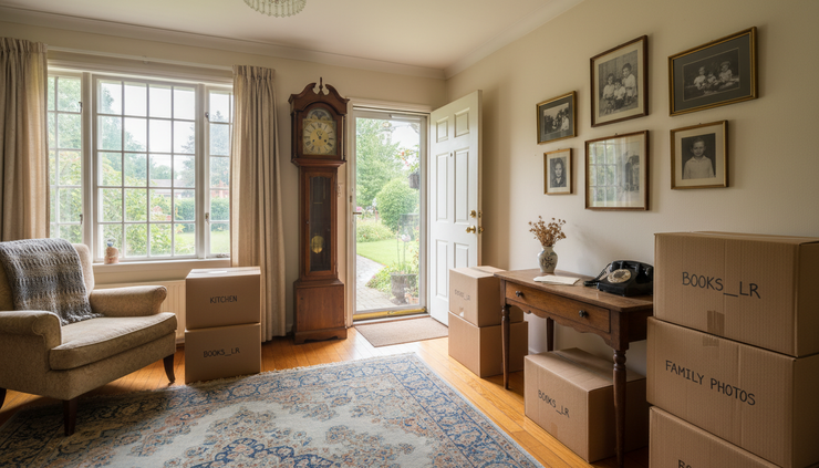 Wide-angle view of a quiet inherited home with boxes near the front door