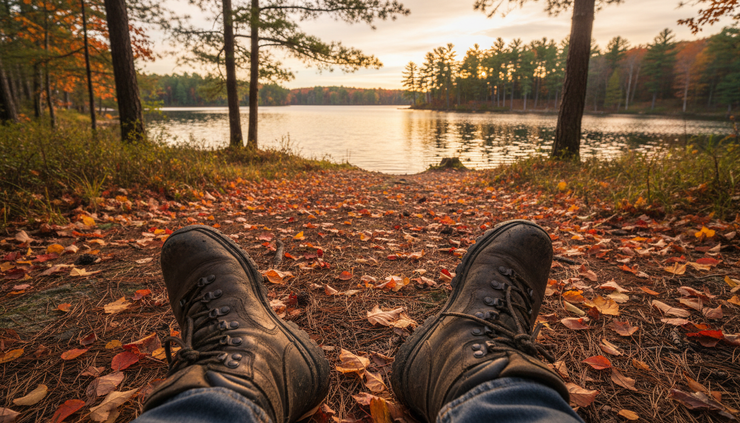 Close-up view of hiking boots on a lakeside trail near Fremont Indiana.
