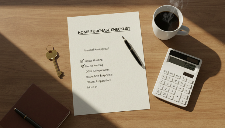 Overhead view of a printed checklist, house key, and calculator on a dining table.