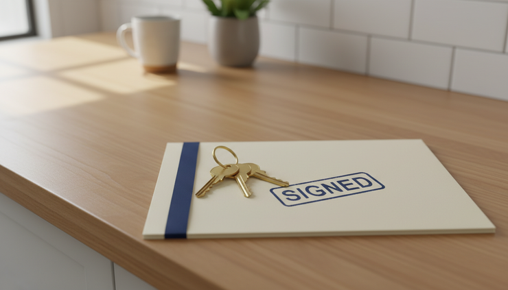Overhead view of house keys beside a signed closing folder on a wooden kitchen counter