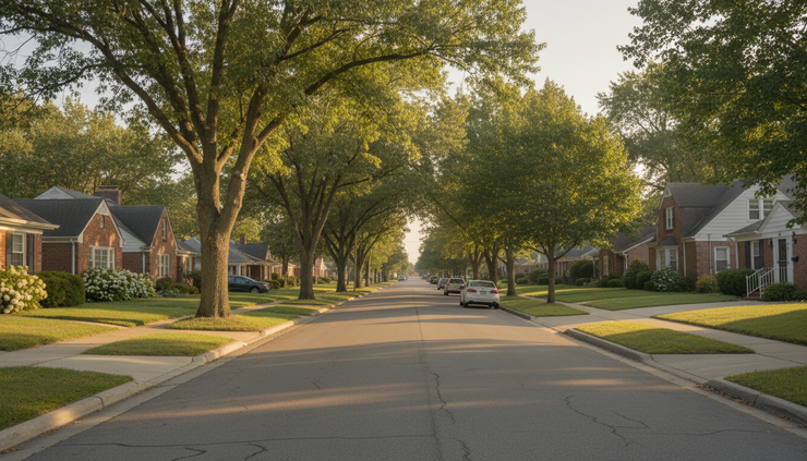 Wide-angle view of a quiet residential street with varied single-family homes.